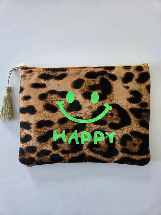 Kosmetiktasche Happy Leoprint mit Smiley Grün