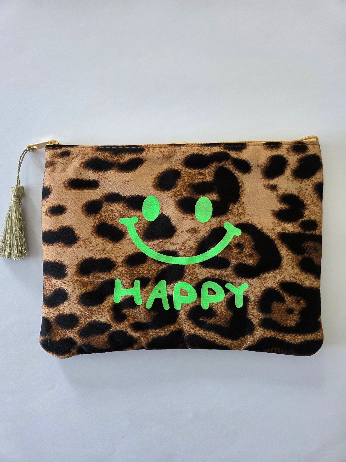Kosmetiktasche Happy Leoprint mit Smiley Grün