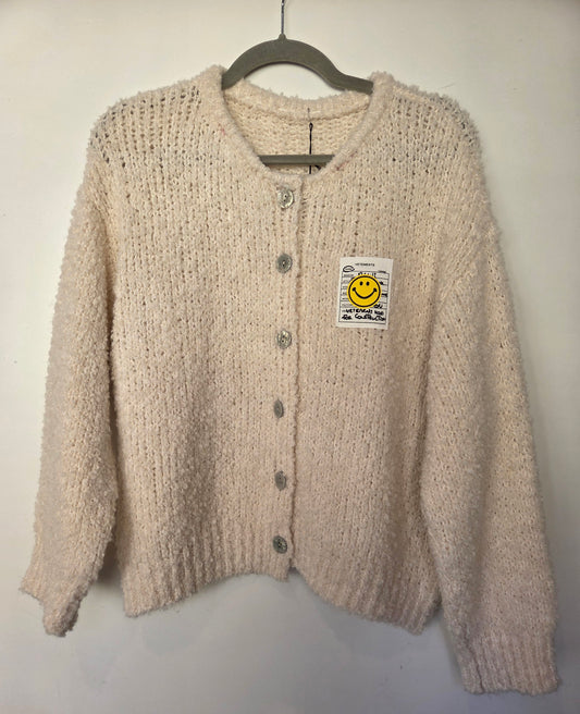 Bouclé-Strickjacke mit Smiley Patch - Creme